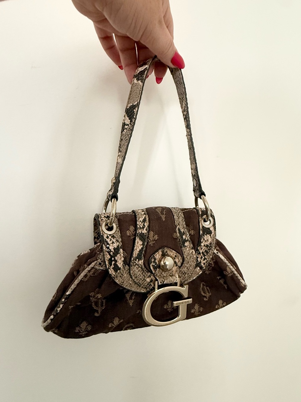 Vintage Y2K Guess Brown Monogram Python Trim Shoulder Bag | ASO Tell Me Lies - Picture 5 of 9